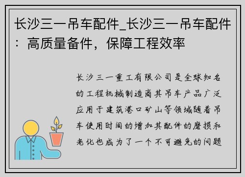 长沙三一吊车配件_长沙三一吊车配件：高质量备件，保障工程效率